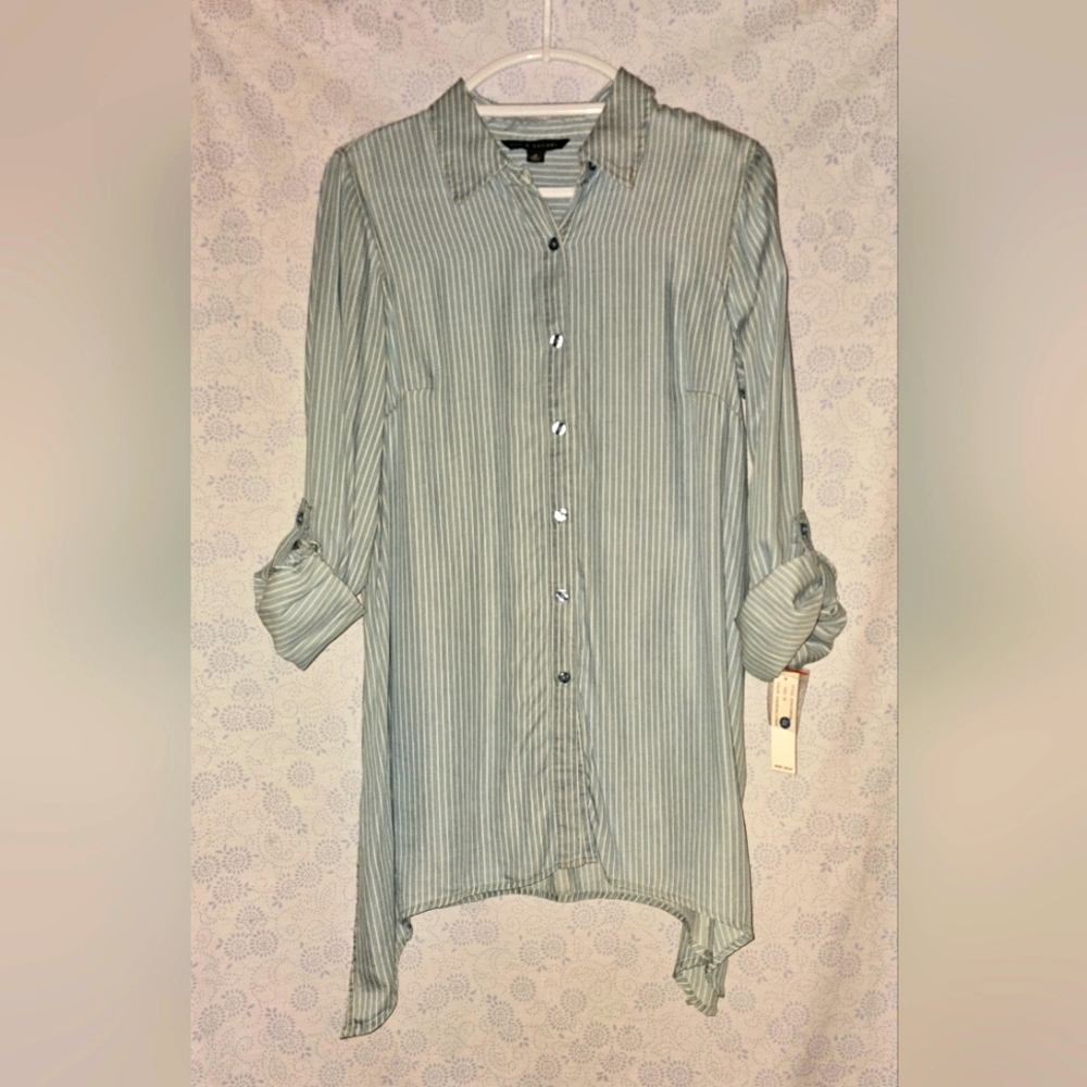 Zac & Rachel Women’s Lycocell Button‑Down Blouse Tunic Medium Blue White Stripe